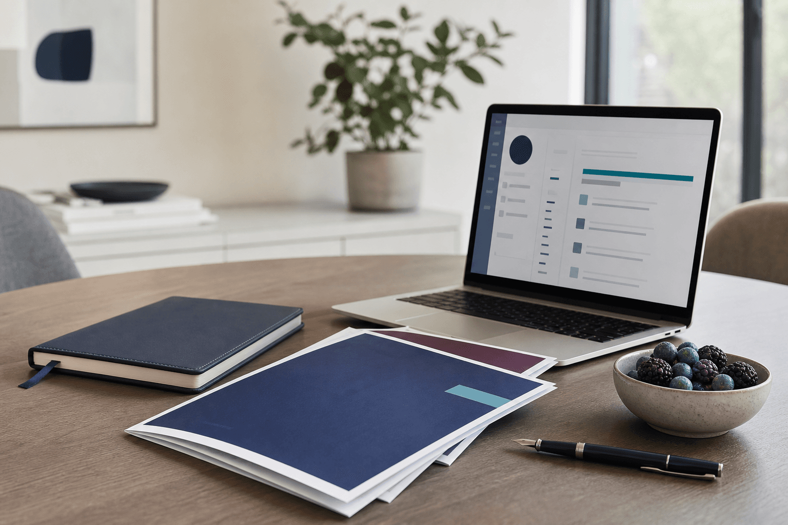 A calm association operations workspace with program materials and a membership workspace